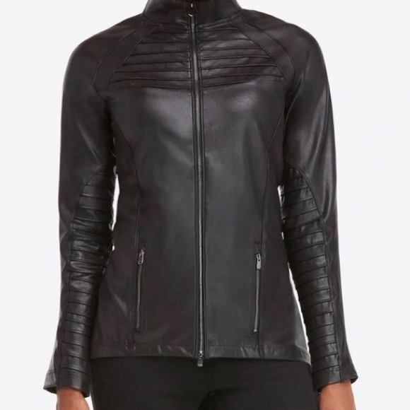 SPANX Jackets & Blazers - Spanx Black Faux Leather Coated Black Zipped Motorcycle Jacket